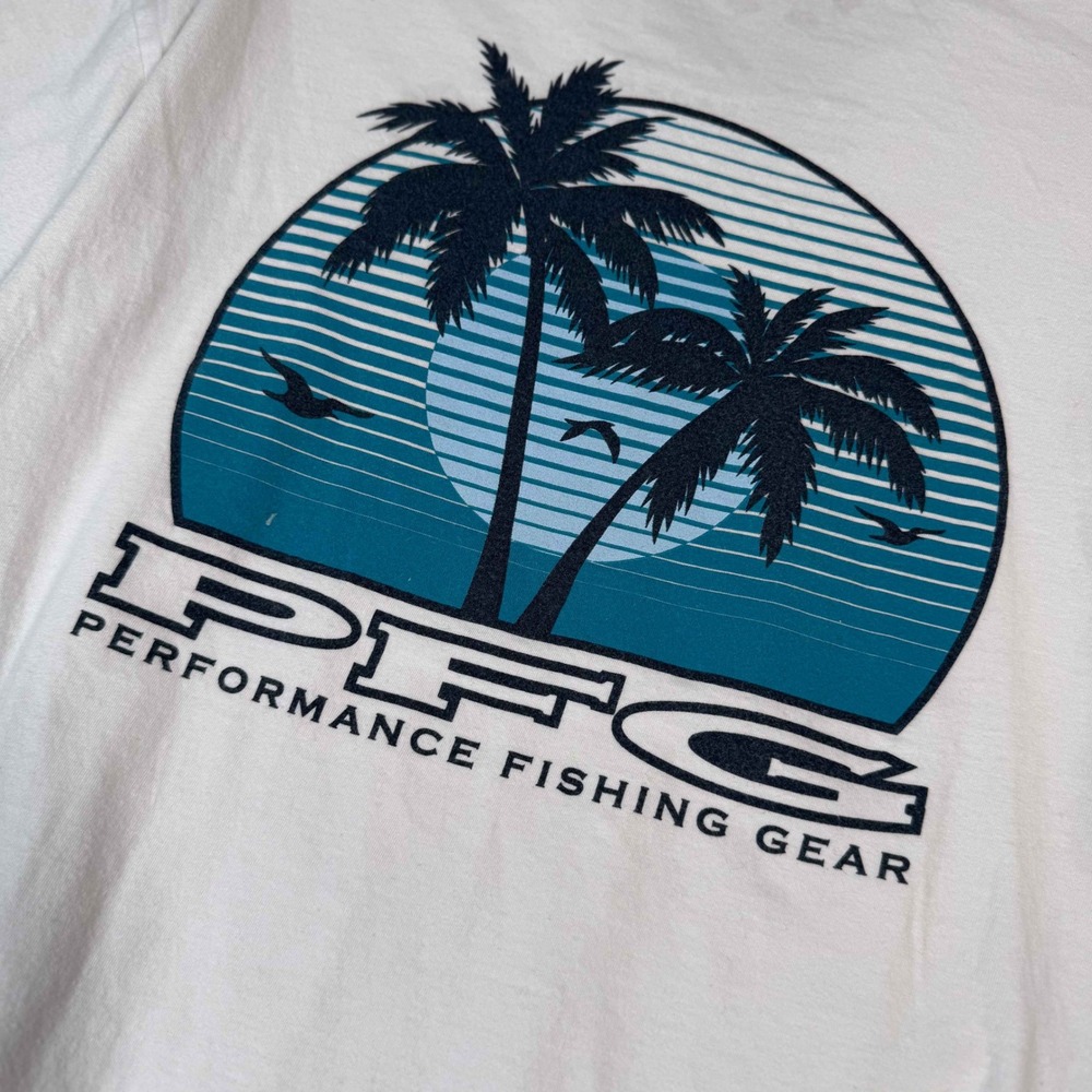 Columbia PFG White Graphic Tee Mens Large Palm Tree Back Hit Fishing Shirt